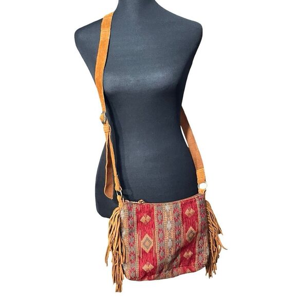 MINNETONKA Genuine Leather Cross Body Purse, Boho Aztec Embroidered, Side Fringe - Picture 2 of 13